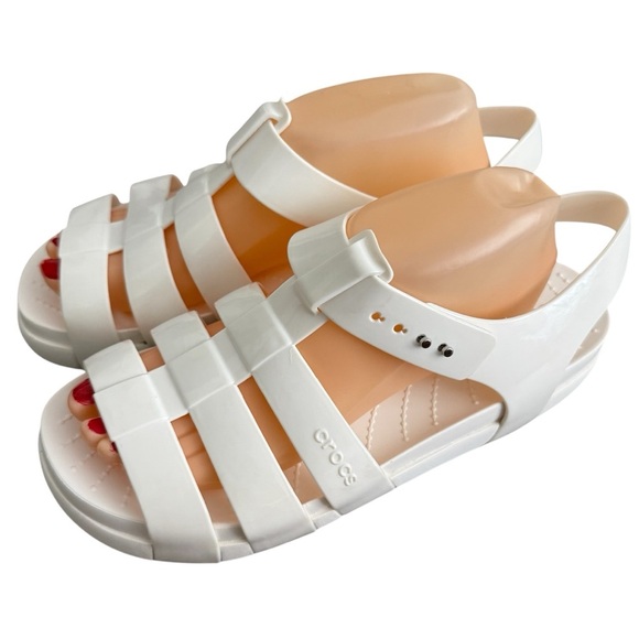 Crocs White Fisherman Jelly Sandals Sz 10 Splash Glossy Coastal Nautical Comfort - Picture 1 of 11